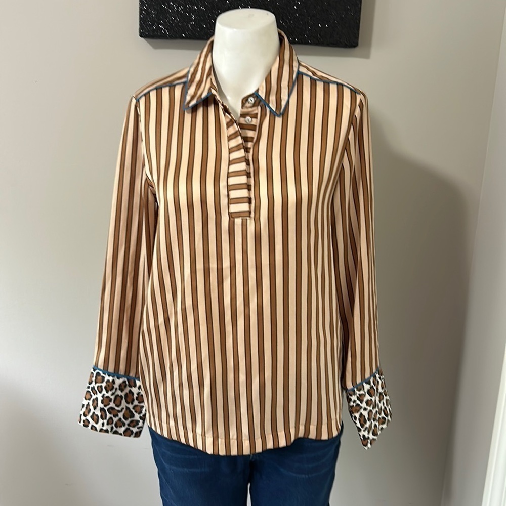Anthro SCOTCH and SODA Raffia Town Tan Stripe Shirt Leopard Print Cuff Sz XS